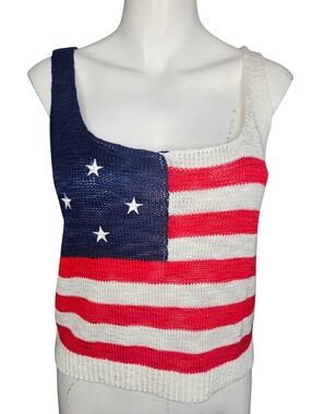 Simply Southern Womens USA Flag Knit Cropped Tank Top Sz Lg Festival Summer NWT